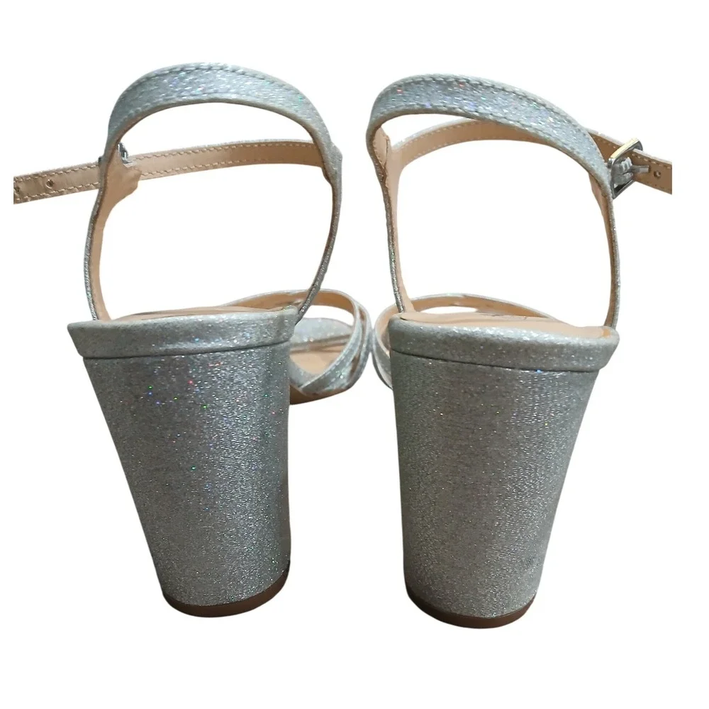 American Glamour Badgley Mischka Silver Glitter Strappy Heels Sandals Womens 8.5